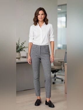 LOFT Gray Plaid Straight-Leg Pants with Blue Windowpane